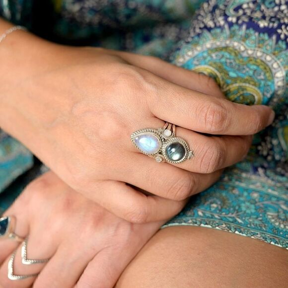 Vintage Style Silver Plated Rings  Moonstone and Labradorite Gemstone - Picture 7 of 12